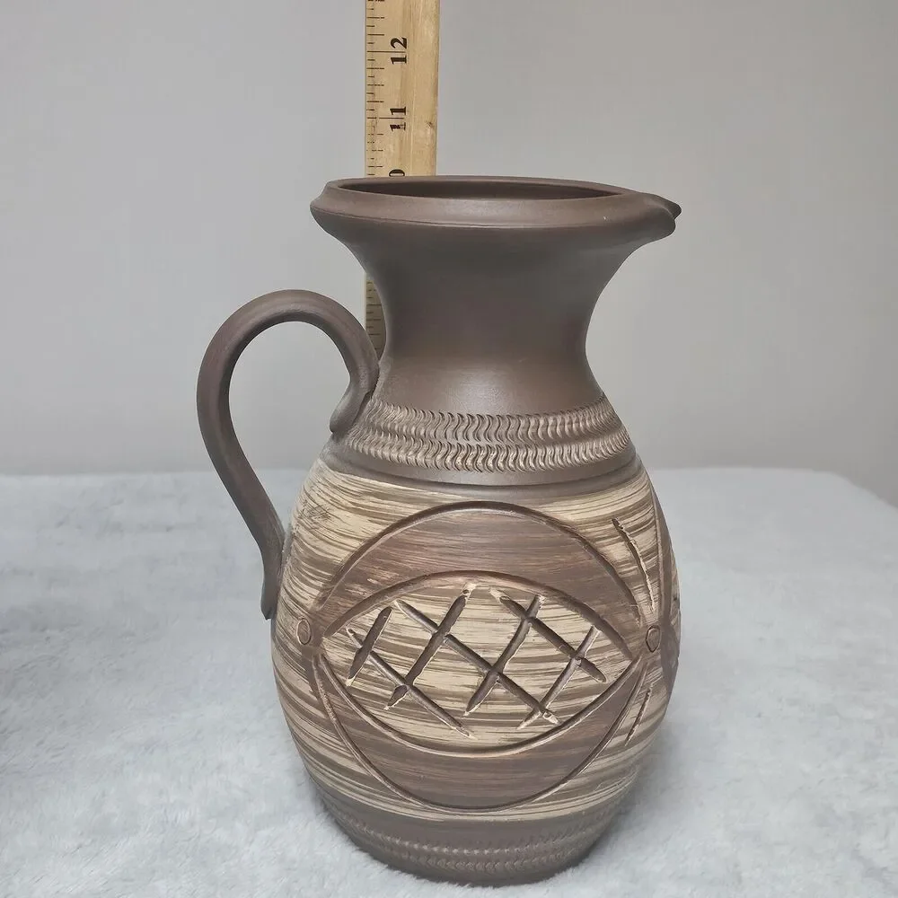 German Stoneware Vase jug Carved Marked Handarbeit Handmade Vintage